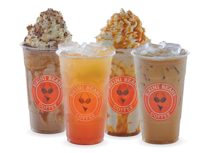 four drinks from bikini beans coffee, iced coffee, energy drink, and frappe...