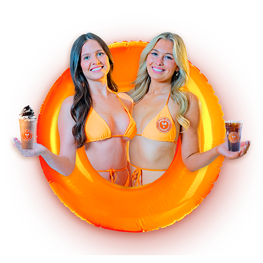 2 bikini baristas holding frappe and cold brew coffee png